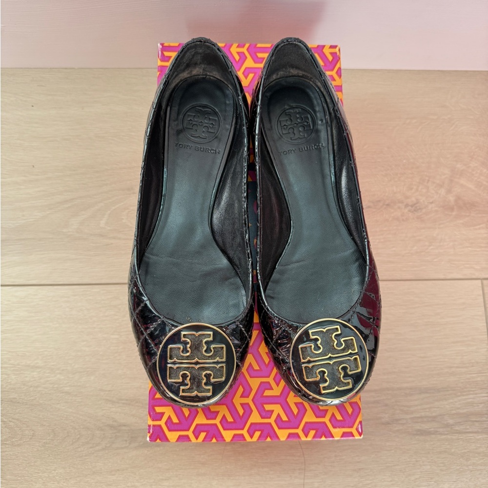 Tory Burch Quinn Ballet Black Flats with Gold Emblem